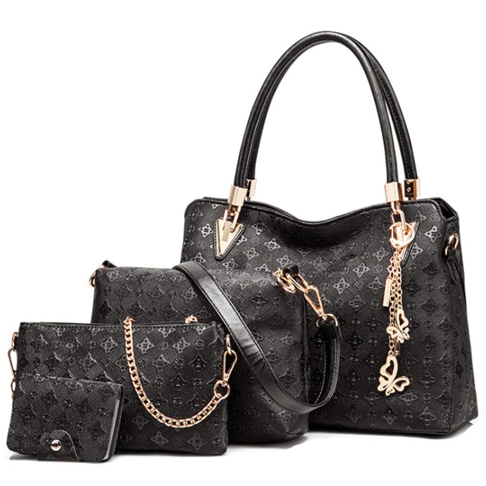 FiveloveTwo Women PU Ladies Handbag Purse Tote Satchel Shoulder Bag Tassel Print 4pcs Set Top Handle Bag Clutch Card Holder Black