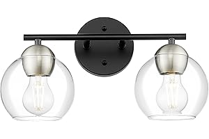 Emak 2-Light Bathroom Vanity Light, Modern Black and Brushed Nickel Bathroom Light Fixtures with Clear Glass, Globe Vanity Lights for Bathroom, Mirror, VL114-BKBN-2