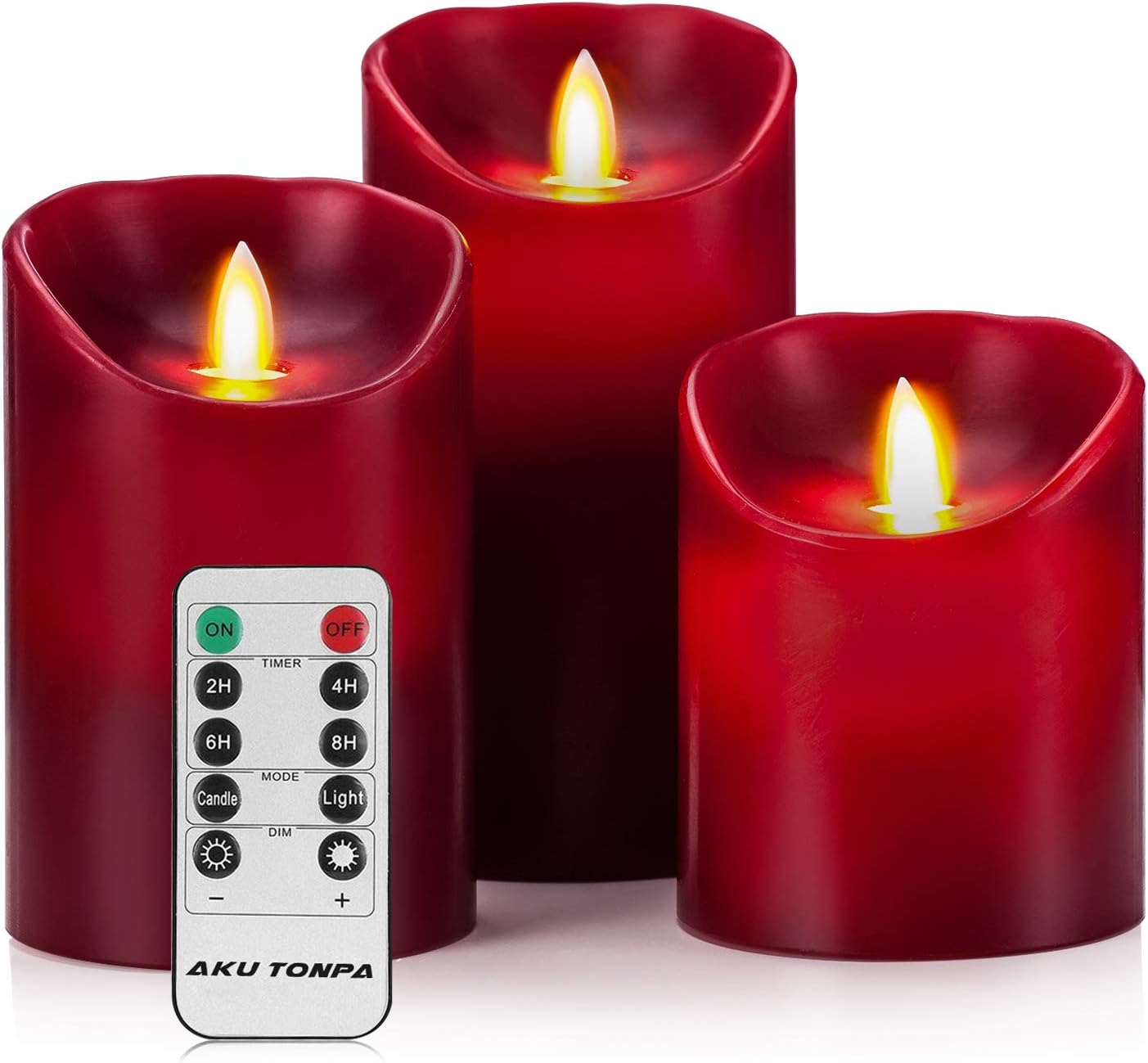 AKU TONPA Flameless Candles Battery Operated Pillar Real Wax Electric LED Candle Gift Set with Remote Control Cycling 24 Hours Timer, 4" 5" 6" Pack of 3 (Red)