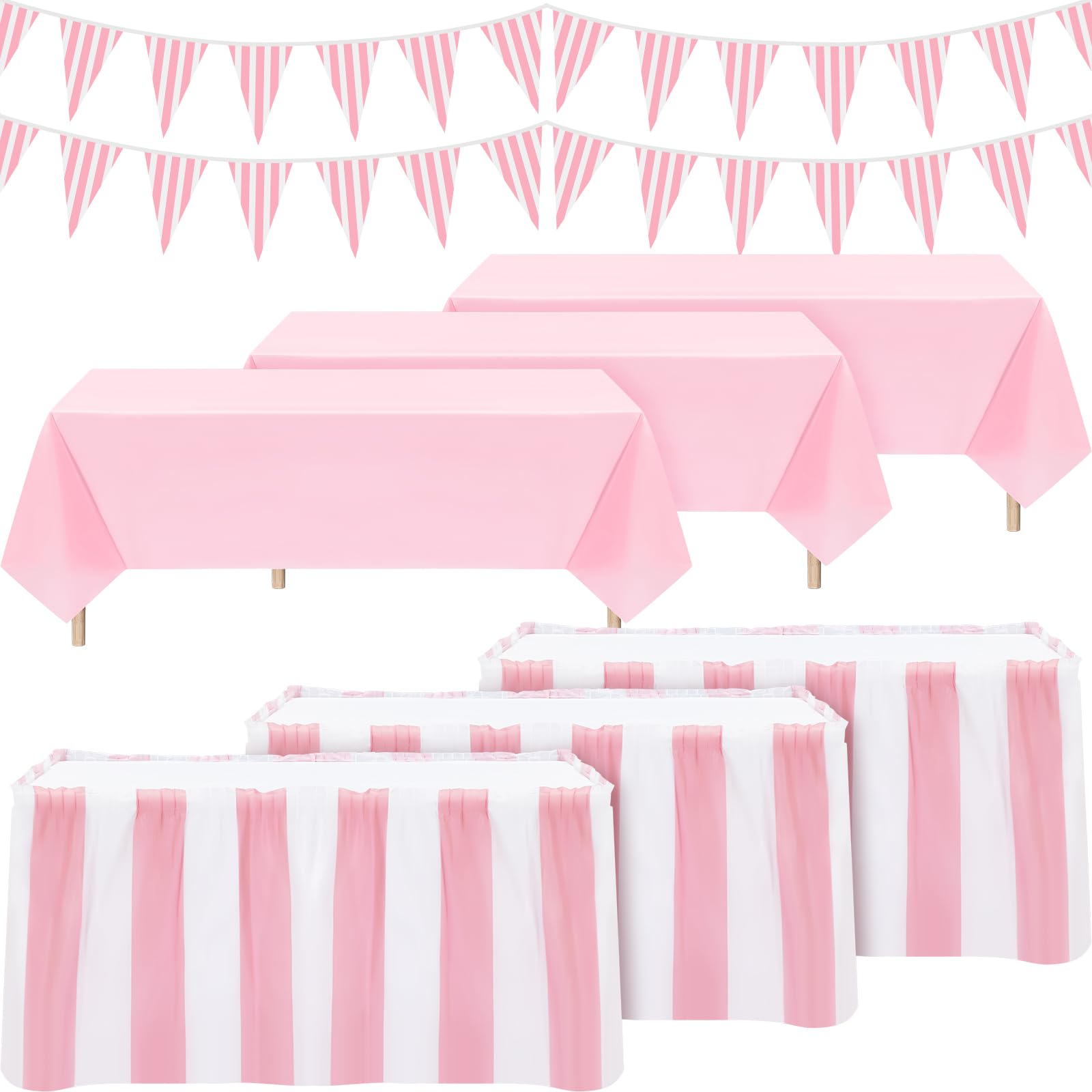 Photo 1 of Remagr 8 Pcs Pink Carnival Theme Party Decors Disposable Carnival Table Skirts Circus Theme Tablecloths Pink White Striped Pennant Banners Circus Party Decoration for Home Birthday Wedding Decor