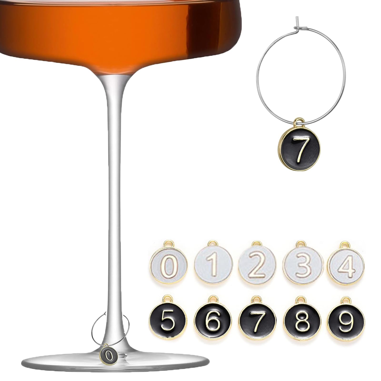 Ieron Glass Markers for Drinks, Number Tags with Ring 0-9, Wine Glass Charms Metal Identification for Stem Glasses Drinking Charms Pendants for Party Decorations (White Black)