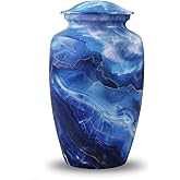 Saint Laurent Blue Marble Urn - Blue Marble Print Metal Cremation Urn - Full Size Marvelous Blue Stone Finish Urns - Funeral and Memorial Urns for Human Ashes Upto 200 Lbs with Velvet Bag (Large)