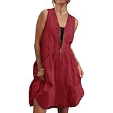 Fisoew Women's Sleeveless Tank Mini Dress Casual Half Zip V Neck Loose Mesh Back Utility Summer Dresses with Pockets Burgundy