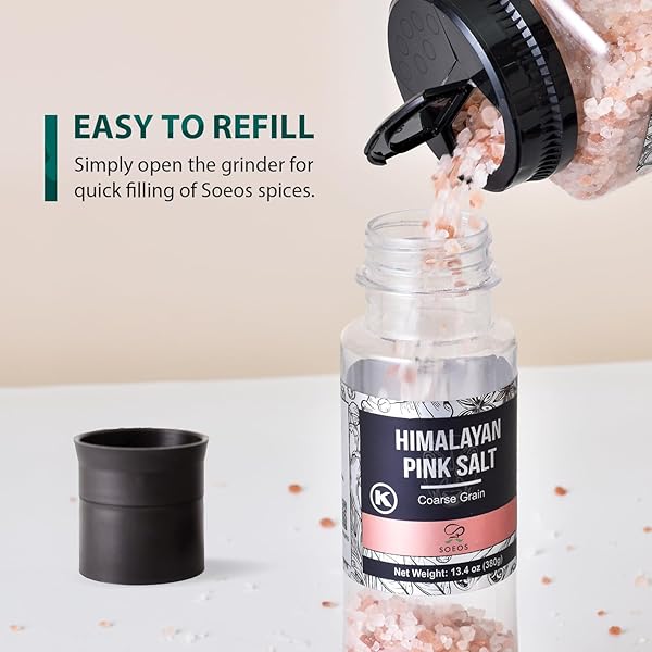 SOEOS WHOLE BLACK PEPPERCORNS, 6.7OZ (190G) AND HIMALAYAN PINK SALT, 13.4OZ (380G), PLASTIC BOTTLE GRINDER WITH SPICE GRINDER WITH SALT AND PEPPER SHAKER, SALT AND PEPPER SET.