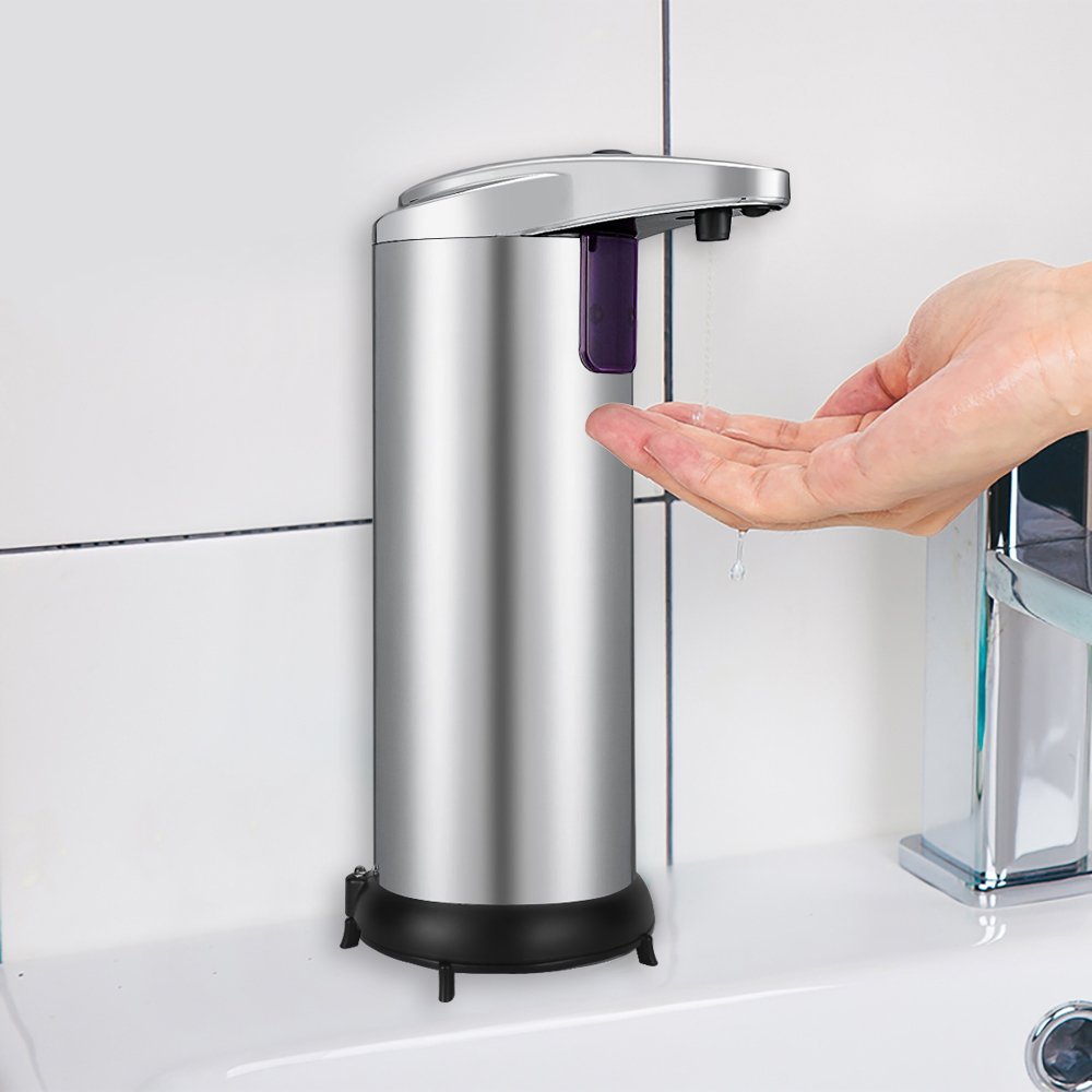 Fun Sponsor Automatic Soap Dispenser, 250ML Stainless Steel Touchless Liquid Sensor Soap Dispenser Soap Holder Hand Free with Waterproof Base for Kitchen Bathroom (Silver)