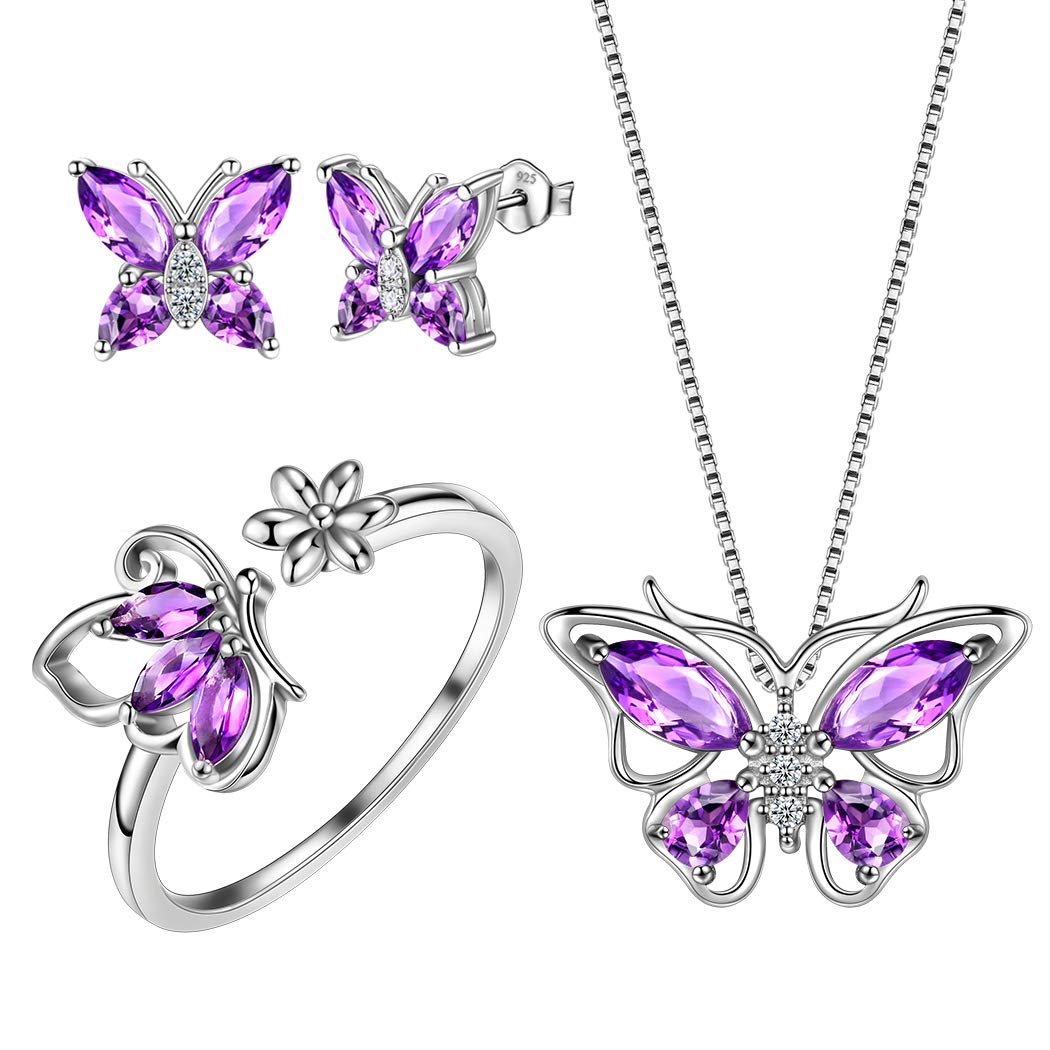 Aurora Tears Butterfly Necklace/Earrings/Rings Set February Birthstone Purple Amethyst Jewelry Set Animals Jewelry Gift for Women and Girls DS0039P — image 1