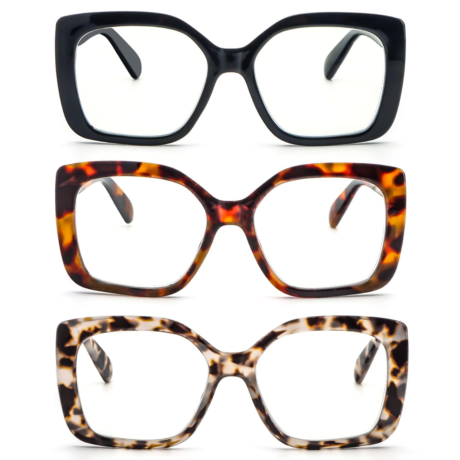 MMOWW 3 Pack Oversized Reading Glasses for Women Square Frame with Spring Hinges Blue Light Blocking Computer Readers +1.0