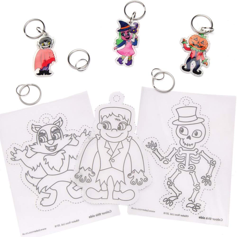 Baker Ross AW871 Halloween Super Shrink Keyrings, for Arts and Crafts, Party Bags, Loot, Trick or Treating, Gifting and More (Pack of 8), Assorted
