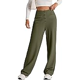 EVALESS Womens High Waist Button Stretchy Work Pants Straight Leg Office Dress Pant Business Casual Trousers with Pocket