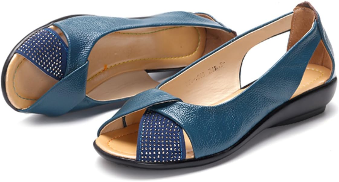 Socofy Womens Ladies Peep Toe Sandals Summer Cut Out Shoes Casual Ballet Pumps Slip On Flat Shoes Punched Open Toe Wedge Comfort Work Loafers Rhinestones Breathable Shoes Size 3-8 UK Black Blue Camel