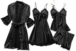 Cbcbtwo Silk Pajamas Sets for Women Soft,4 Piece Satin Nightdress Sleepwear Plus Size Casual Robe Cute Sexy Lounge Sets