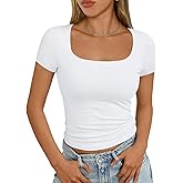 AUTOMET Womens Square Neck Double Lined Tops Going Out Short Sleeve Crop T Shirts Summer Clothes Basics Tee