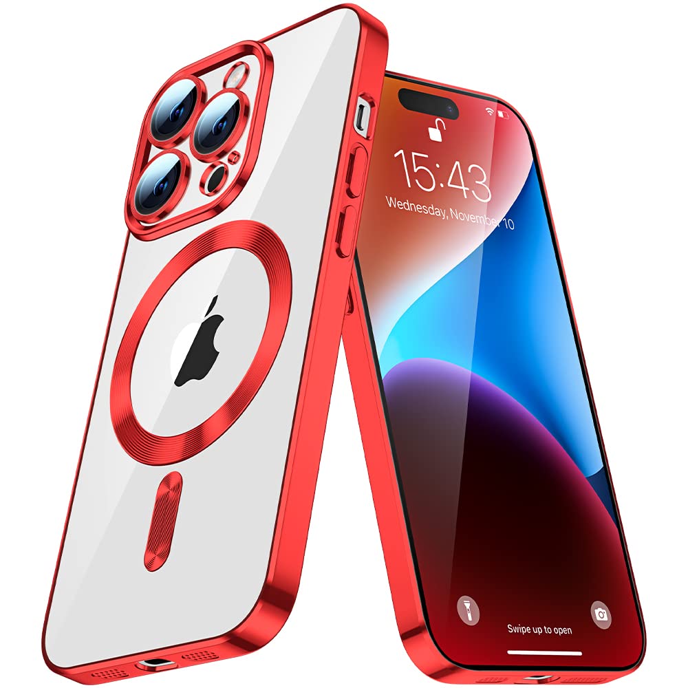 IMEIKONST Crystal Clear Case for iPhone 15 Pro Max, Never Yellow Military Grade Protection Shockproof Protective Phone Case with MagSafe Slim Bulid in Camera Cover for iPhone 15 Pro Max. Red YIX