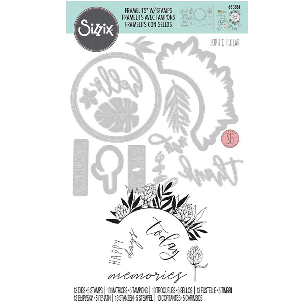 Sizzix Framelits Die Set 13 Pack w/Stamps 663861, Detailed Tropics by Sophie Guilar, Multicolour, One Size