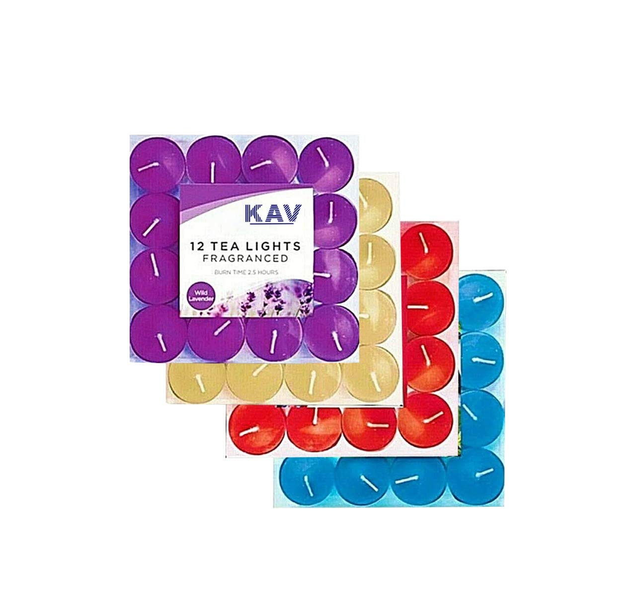 KAV 48 Pack fragranced Tealight Candles | Scented Tealights | Candle for Weddings | Christmas | Spa | Home Décor | Fresh Berries, Wild Lavender, Vanilla, Mountain Spring