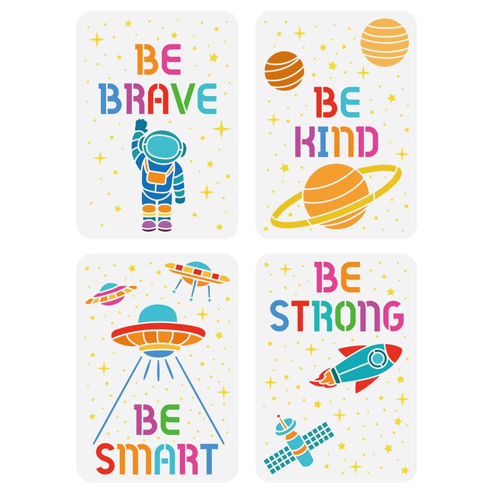 FINGERINSPIRE 4-Piece Spaceship Stencil Set - 21x29.7cm, 4 Styles, Motivational Quote, Astronaut, Planet, Science Fiction Theme for Painting on Wood, Wall