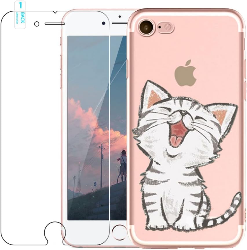 iPhone 5 / 5S / SE Case with Tempered Glass Screen Protector, Blossom01 Ultra Thin Soft Gel TPU Silicone Case Cover with Cute Cartoon for Apple iPhone 5 / 5S / SE - Cat