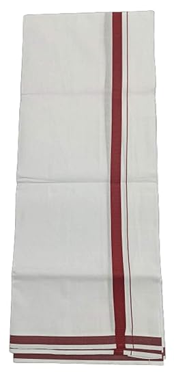 Traditional Men's Cotton Single Dhoti with Maroon Border.(White, Free Size)