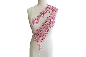 PLUNE Handmade Shining Acrylic Rhinestones on lace Applique Sewing Beads Stones Trim Patches Accessories for Wedding Dress (Pink)