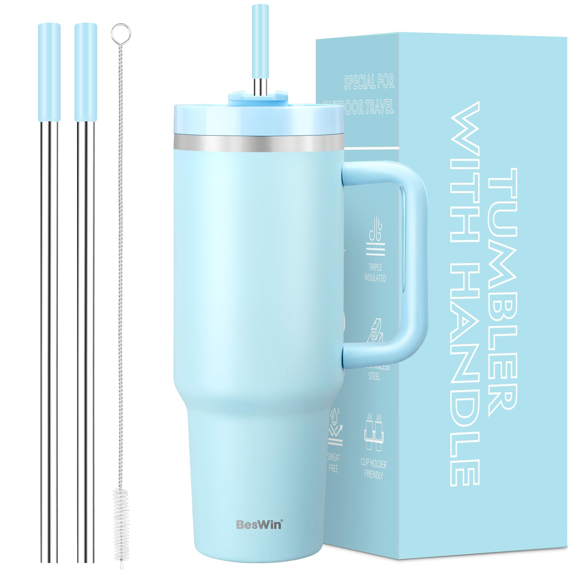 40 oz Tumbler with Handle and Straw, Vacuum Insulated Stainless Steel Double Wall Water Bottle Travel Coffee Mug - Holiday Gifts for Women Men - Sky Blue