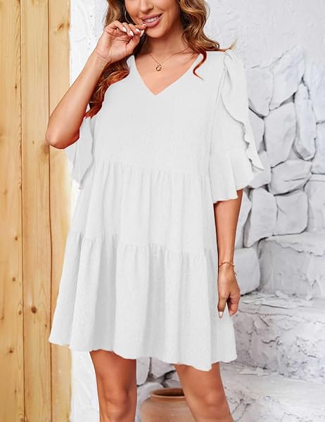 SEBOWEL WOMEN CASUAL SHORT SLEEVE V NECK PLEATED RUFFLE SHORT TIERED DRESS FLOWY MINI PARTY DRESS LOOSE SWING DRESS, WHITE, XXL