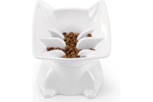 DNOYEUS Small Elevated Slow Feeder Cat Bowl,Cute Tilted Detachable Cat Slow Feeder Food Bowls,Anti Vomiting Raised Pet Bowl for Dry and Wet Food,Whisker Friendly,Suitable for Cats & Small Dogs,White