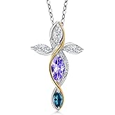 Cross Necklace For Women In 925 Silver and 10K Yellow Gold with Tanzanite and Moissanite and London Blue Topaz | 1.40 Cttw | Jesus Christian Religious Crucifix | Marquise 8X4MM | With 18 Inch Chain
