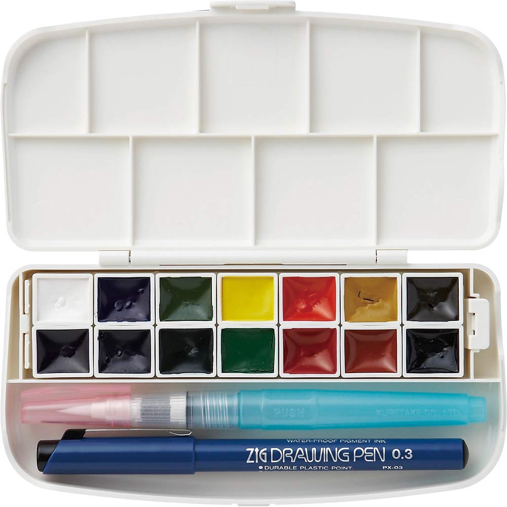 Photo 1 of Kuretake WATERCOLOUR TRANSPARENT 14 colors set with fineliner pen and water brush pen, Portable, In a compact box, Vibrant watercolors, For professional and hobbyist, AP-Certified, Made in Japan