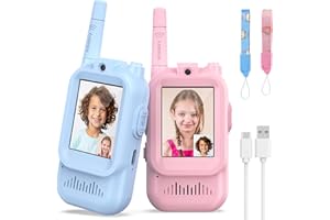 HANGRUI Walkie Talkies for Kids Pack of 2, Rechargeable Long Range Two Way Radios Toys for Boys Girls Age 3-5, Outdoor Adventure Camping Hiking, Birthday with Pink Blue Design