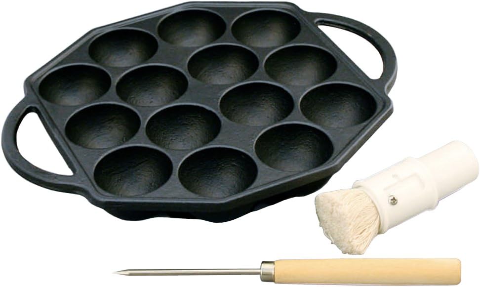 14 Holes Iron Takoyaki Pan with Pick and Oil Brush