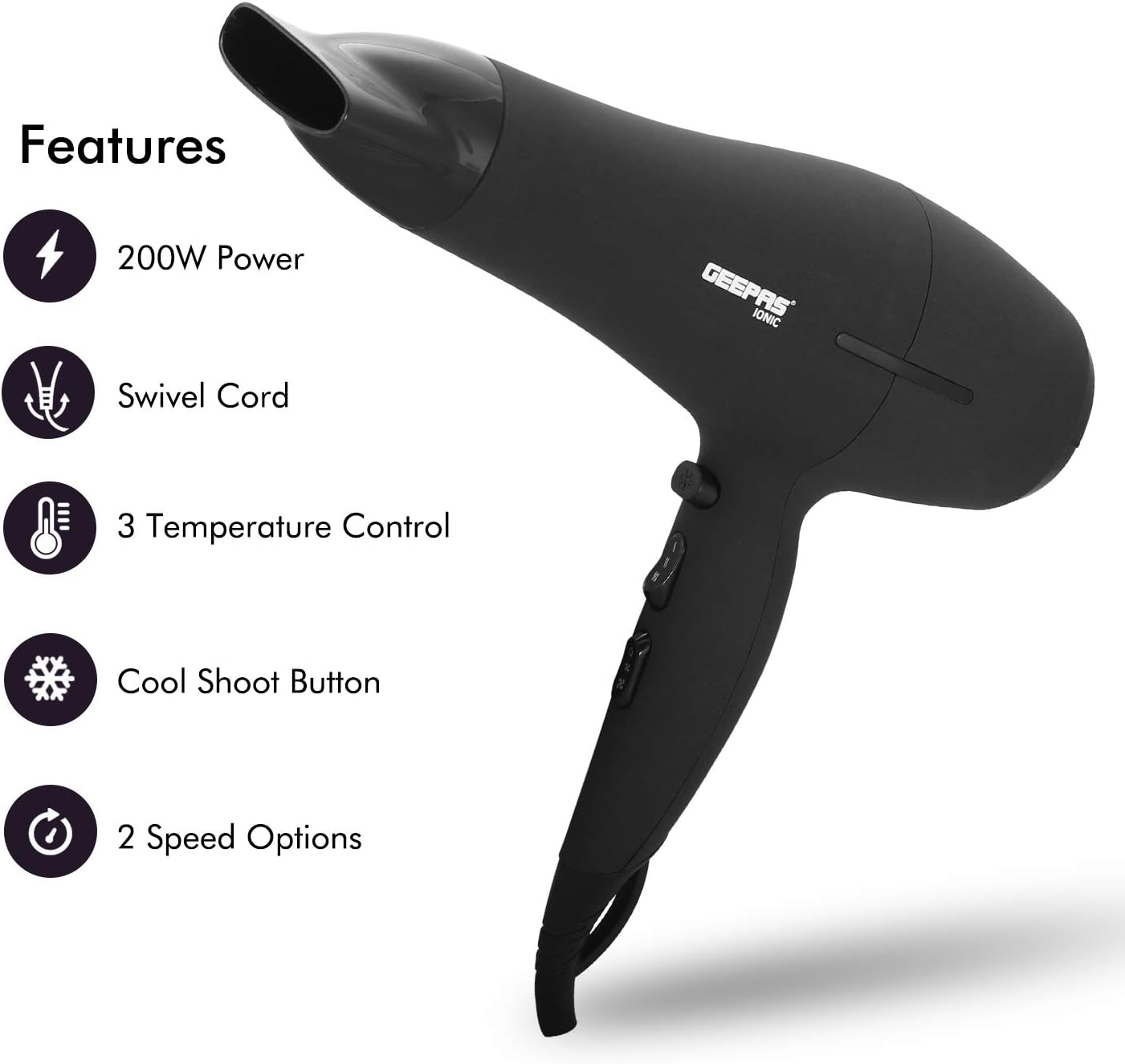 GEEPAS 2200W Powerful Hair Dryer, 2-Speed & 3 Temperature Settings - Image 3