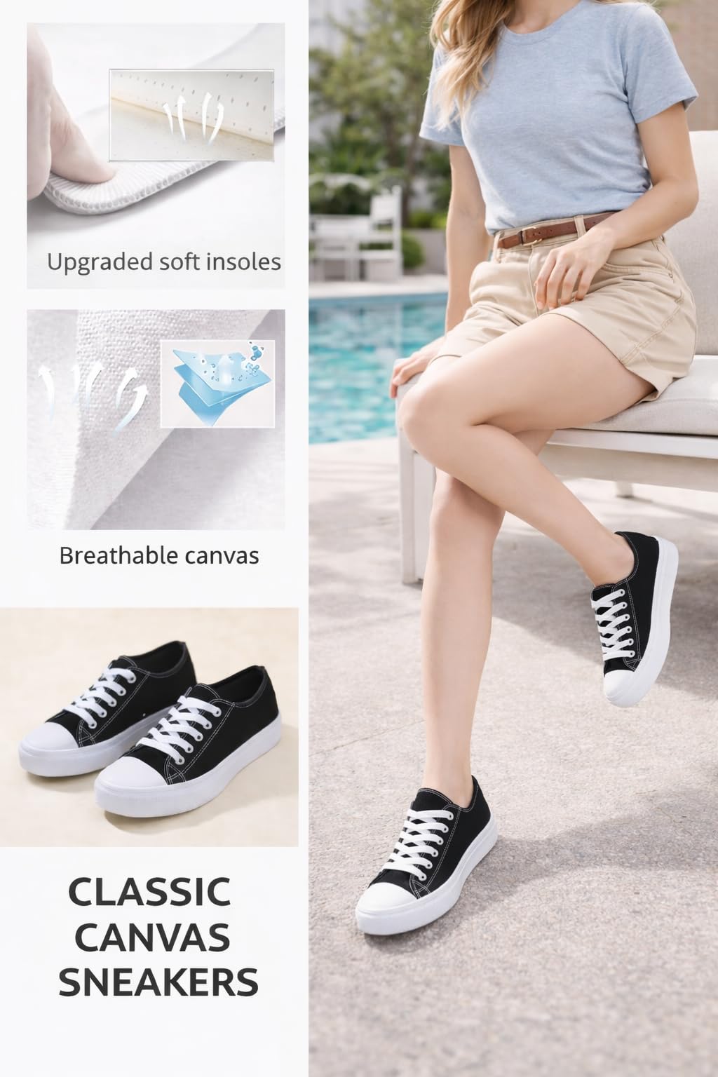 hello basics Canvas Shoes for Women Casual Low Top Black and White Sneakers Fashion Womens Tennis Shoes, Black White, Size 8
