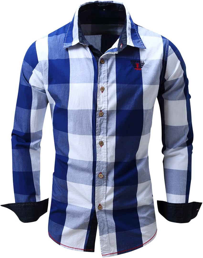 FRTCV Mens Plaid Button Down Shirts Long Sleeve Dress Shirts FM099 Blue Tag XL/US M