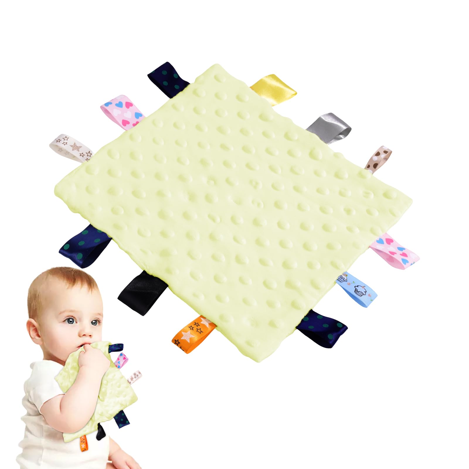 ORUZA Tag Comfort Blanket Baby, Baby Comforter with Colorful Taggies, Tag for Babies Soft Touch Comfort Blanket for Newborn Boys and Girls (Yellow)