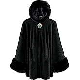 Dahlia Women’s Winter Cape Coat, Luxurious Faux Fur Trim, Fleece Lined Hooded Cloak Style Elegant Poncho Cape
