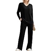 Am Direct Lounge Sets for Women Long Sleeve Knit Ribbed Pajama Sets 2 Piece Casual Loungewear with Pockets