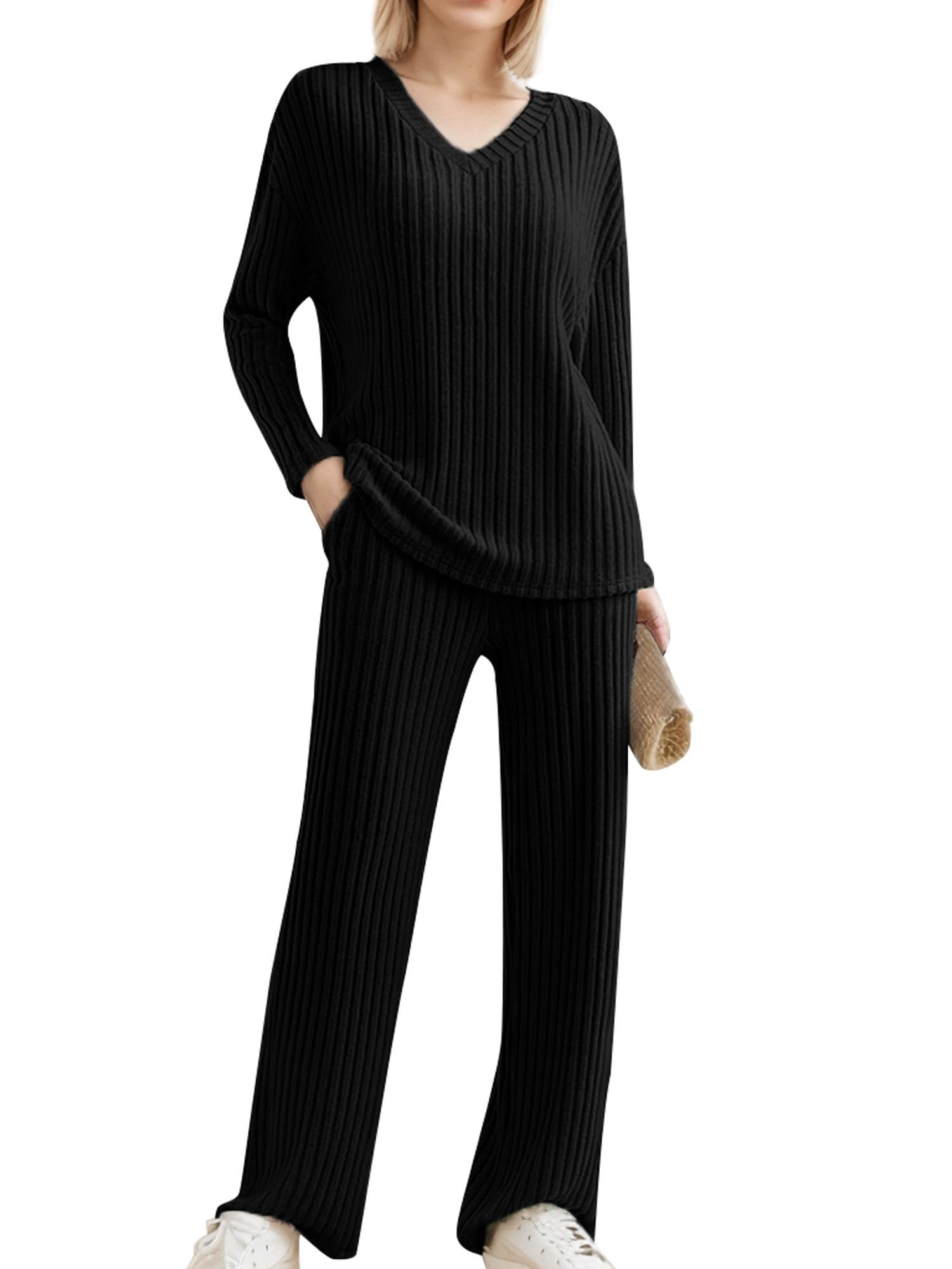 Am Direct Lounge Sets for Women Long Sleeve Knit Ribbed Pajama Sets 2 Piece Casual Loungewear with Pockets Black S