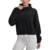 Women's Full Zip Fleece Short Jacket with Pockets Stand Collar Long Sleeve Zip Up Warm Winter Sherpa Cropped Coat