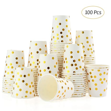 esonmus 100 Pappbecher Gold Dot 250ml Kaffeebecher to Go Trinkbecher Einweg Papierbecher Für Party Kaffee, Tee, Schokolade, H