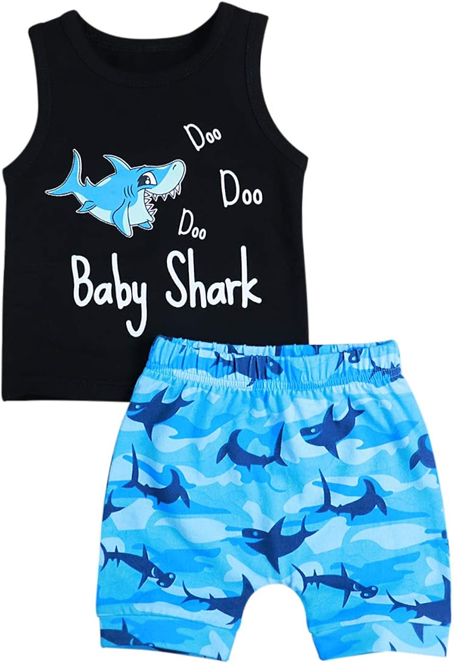 Baby Boy Girl Clothes Shark and Doo Doo Print Summer Cotton Sleeveless Outfits Set Tops and Short Pants