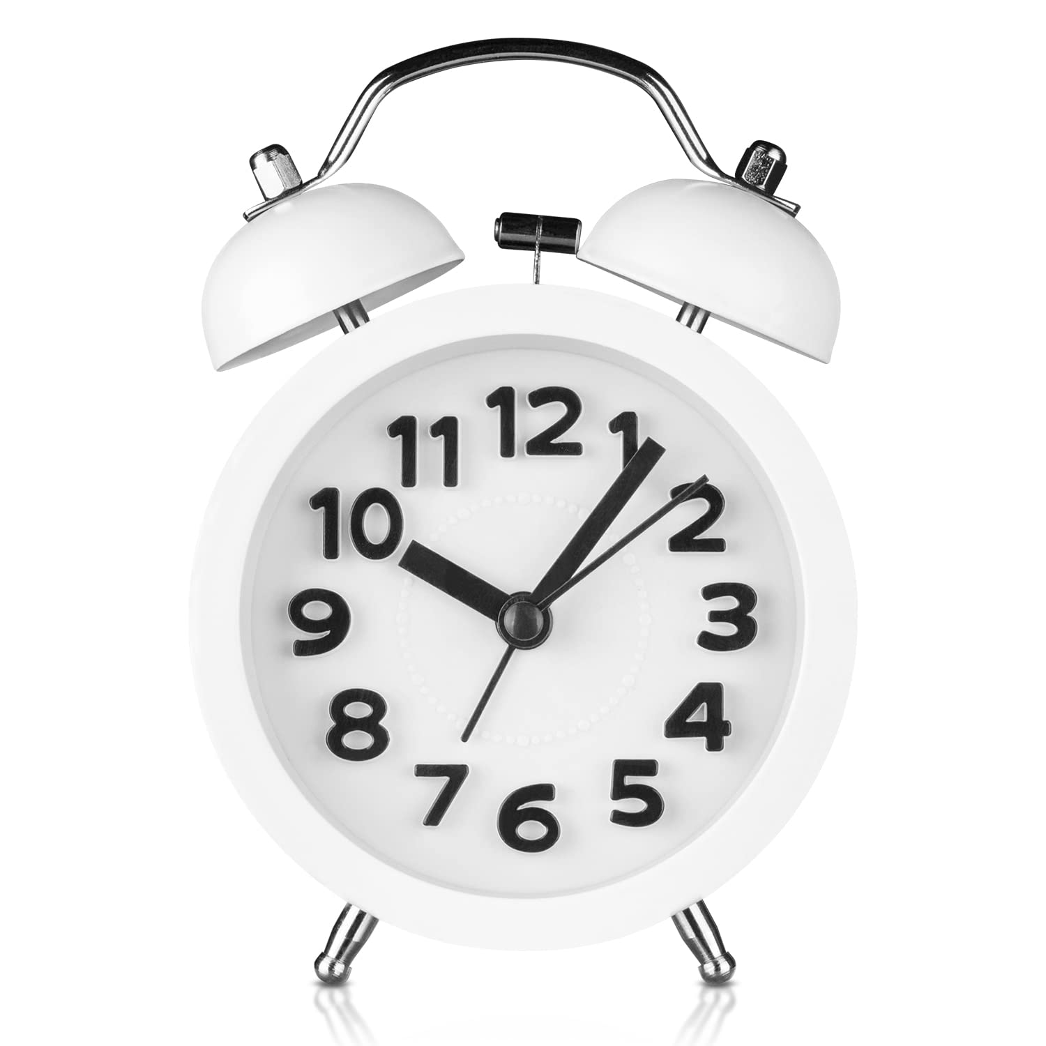 PILIFE 3" Mini Non-ticking Vintage Classic Bedside/Analogue Alarm Clock with Backlight, Battery Operated Travel Clock, Round and Loud Twin Bell Alarm Clock - White