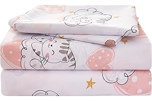 Yibeizi Cat Twin Sheets Set for Girls, Kids Cute Pink Heart Bedsheets Microfiber Deep Pocket Bed Sheet & Pillowcase Sets 3 Pieces