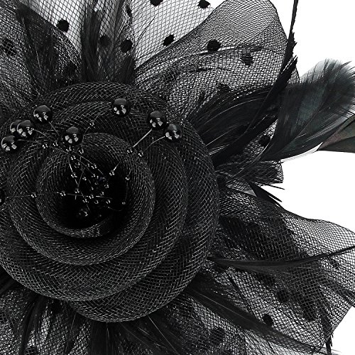 Acecharming Fascinators for Women, Feather Sinamay Fascinators with Headbands Tea Party Pillbox Hat Flower Derby Hats(Black-Pearl)