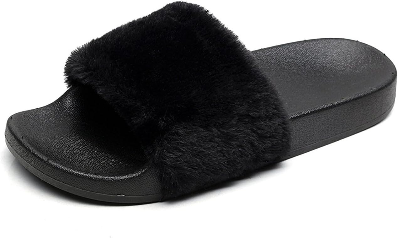 APIKA Women's Flip Flop Faux Fur Slipper Fuzzy Fluffy Comfy Sliders Open Toe Slip on