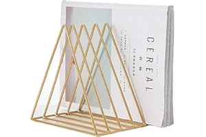 QPEY Triangle File Holder,5 Slot Metal Vinyl Record Stand Holder Magazine Newspaper Holder Photography Props for Office Home 1 Pc (Gold)