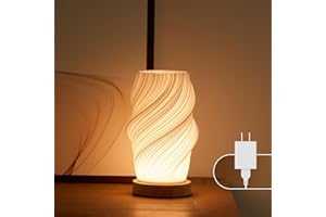 Dawnwake Bedside Lamp with Woodbase - Button Control Table Lamp for Bedroom 12 Way Dimmable Nightstand Lamp with PLA Lampshade for Living Room, Kids Room, College Dorm, Office (White-E, Medium)