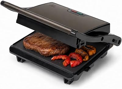 JEGR1106 Grelha Elétrica 750 W, Placas antiaderentes lisas de 22,5 x 14,6 cm, Cozinha todos os tipos de alimentos, tampa superior inclinável, abertura de 180°