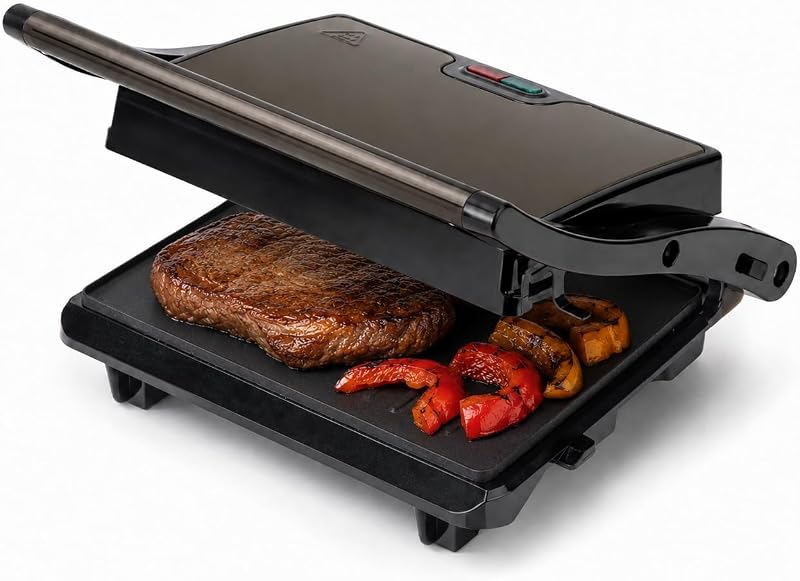 JEGR1106 Grelha Elétrica 750 W, Placas antiaderentes lisas de 22,5 x 14,6 cm, Cozinha todos os tipos de alimentos, tampa superior inclinável, abertura de 180°