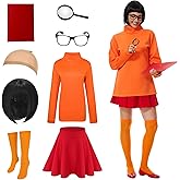 Halloween Adult Costume for Women Classic Movie Characters Costumes Orange Top Shirt with Red Pleated Skirt Outfit Set