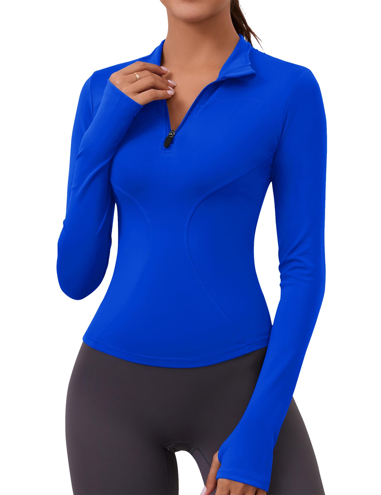 LOMON Mock Turtleneck Fleece Half Zip Pullover Workout Shirts Long Sleeve Women Winter Hiking Clothes Thermal Undershirt(Royal Blue,L) Image